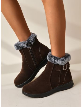 Suede Buckle Decor Cotton Lining Snow Boots