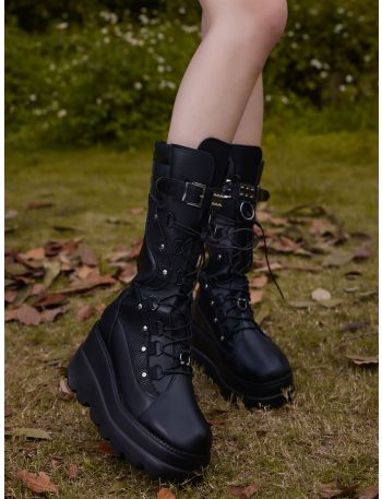 Goth Spiked & Buckle Decor Lace-up Front Wedge Boots
