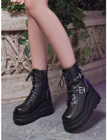 Goth Buckle & Studded Decor Lace-up Front Zipper Side Wedge Boots