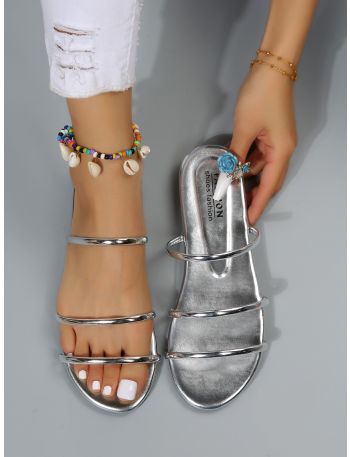 Metallic Thin Strap Slide Sandals
