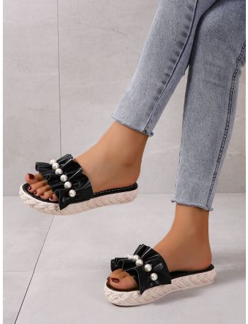 Faux Pearl & Ruffle Decor Slide Sandals
