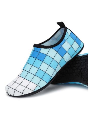Grid Print Color Block Aqua Socks