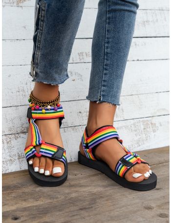 Canvas Rainbow Striped Pattern Hook-and-loop Fastener Sport Sandals