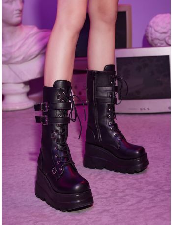 Anime Buckle Decor Lace-up Front Zipper Side Wedge Boots