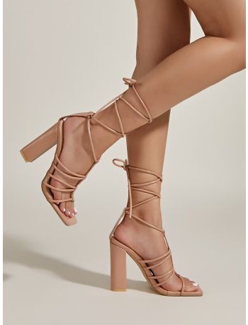 Tie Leg Design Chunky Heeled Strappy Sandals