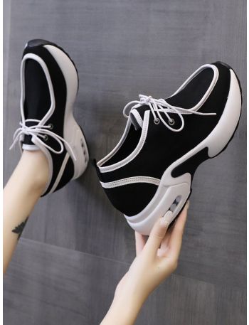 Contrast Binding Lace-up Front Canvas Wedge Sneakers
