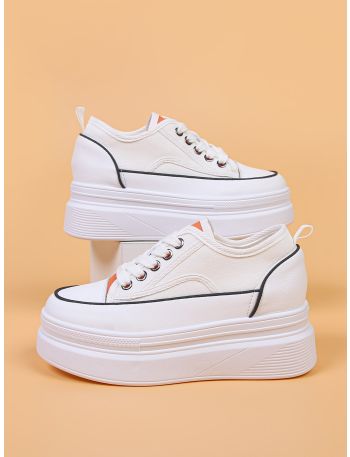 Contrast Piping Canvas Lace-up Front Wedge Sneakers