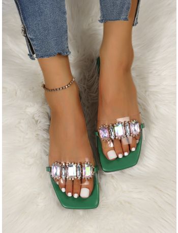 Jewelled Decor Clear Strap Slide Sandals