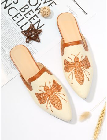 Insect Embroidered Point Toe Linen Flat Mules