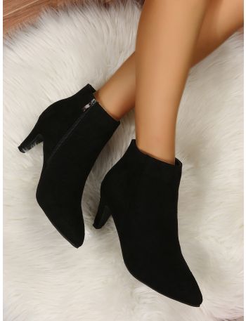 Minimalist Suede Zipper Side Point Toe Cone Heeled Classic Boots