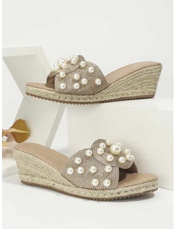 Faux Pearl Decor Espadrille Sole Wedge Slide Sandals