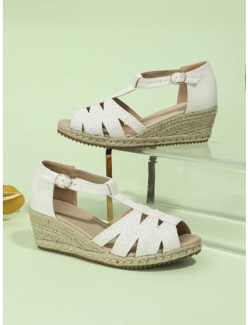 Floral Embroidered Cut Out Espadrille Ankle Strap Wedge Shoes