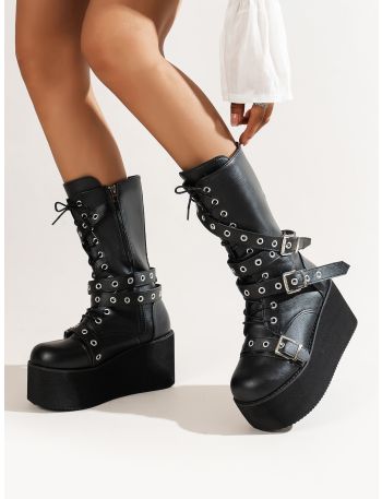 Buckle Decor Lace-up Front Wedge Boots
