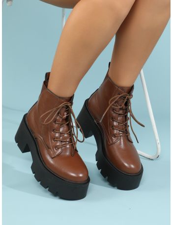 Platform Lace-up Front Chunky Heeled Combat Boots