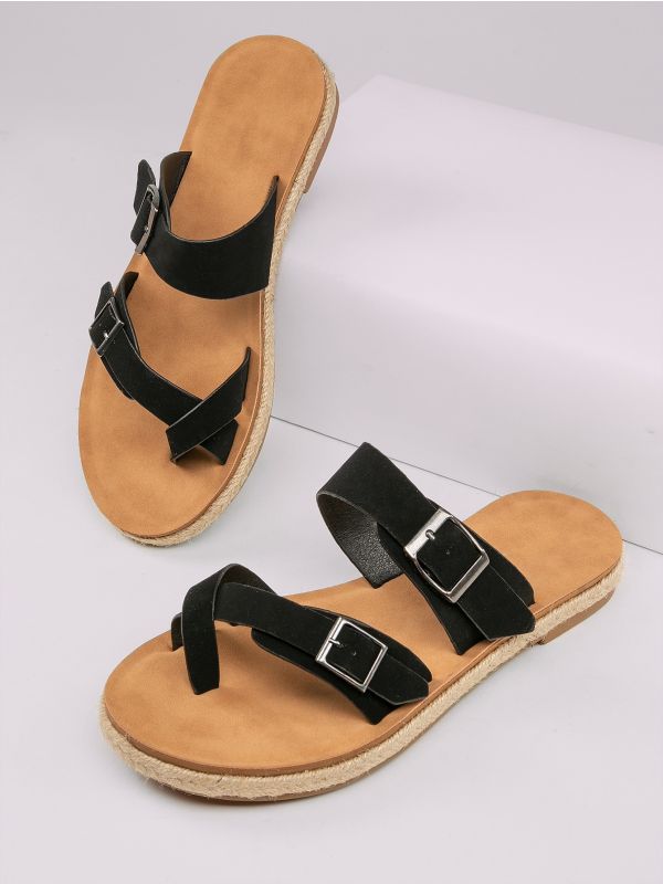 Toe Loop Flat Footbed Double Buckle Sandals