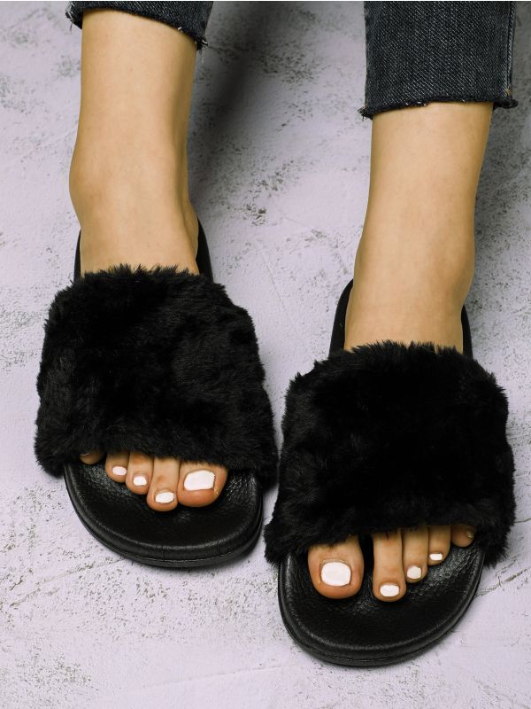 Open Toe Fluffy Decor Slippers