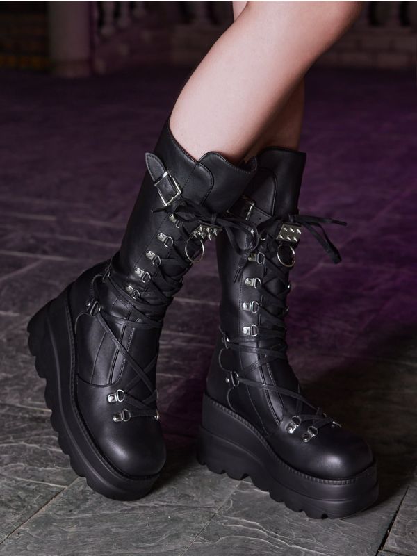 Goth Buckle Decor Lace-up Front Wedge Boots
