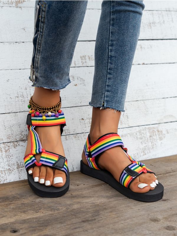 Canvas Rainbow Striped Pattern Hook-and-loop Fastener Sport Sandals