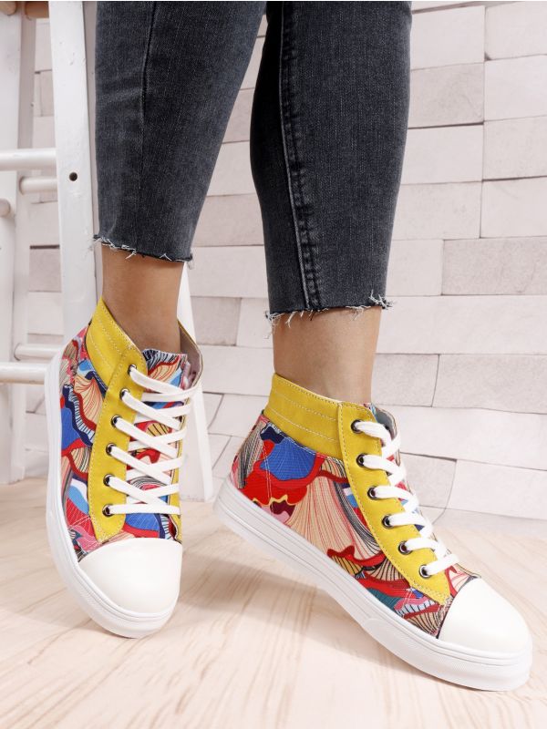 Random Graphic Colorblock High Top Lace-up Front Canvas Shoes