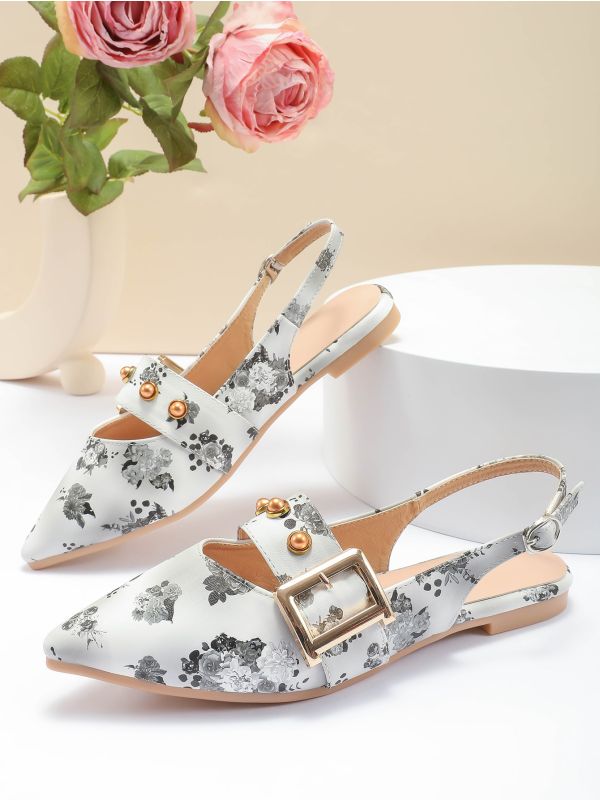 Floral Print Faux Pearl & Buckle Decor Point Toe Slingback Flats