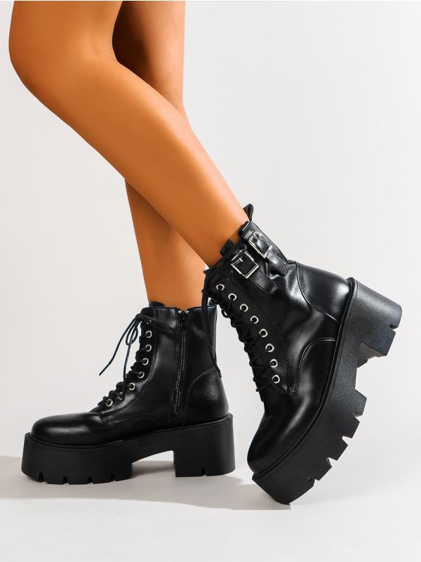 Buckle Decor Lace-up Front Wedge Boots