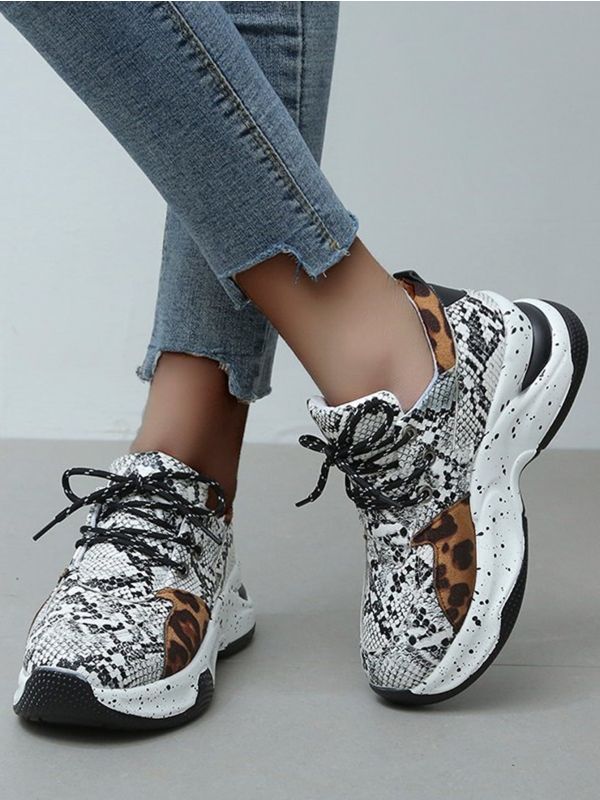Snakeskin & Leopard Pattern Lace-up Front Wedge Sneakers